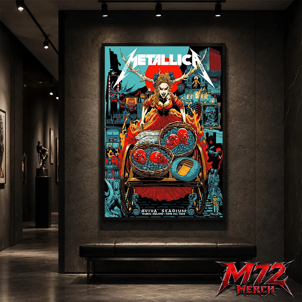 Metallica M72 World Tour June 21 2026 Dublin Ireland Aviva Stadium poster canvas featuring Fire Queen Cart Artwork with fiery queen figure, skull baskets, blue stones, red sun, Dublin city details, gothic characters, and dark fantasy heavy metal artwork