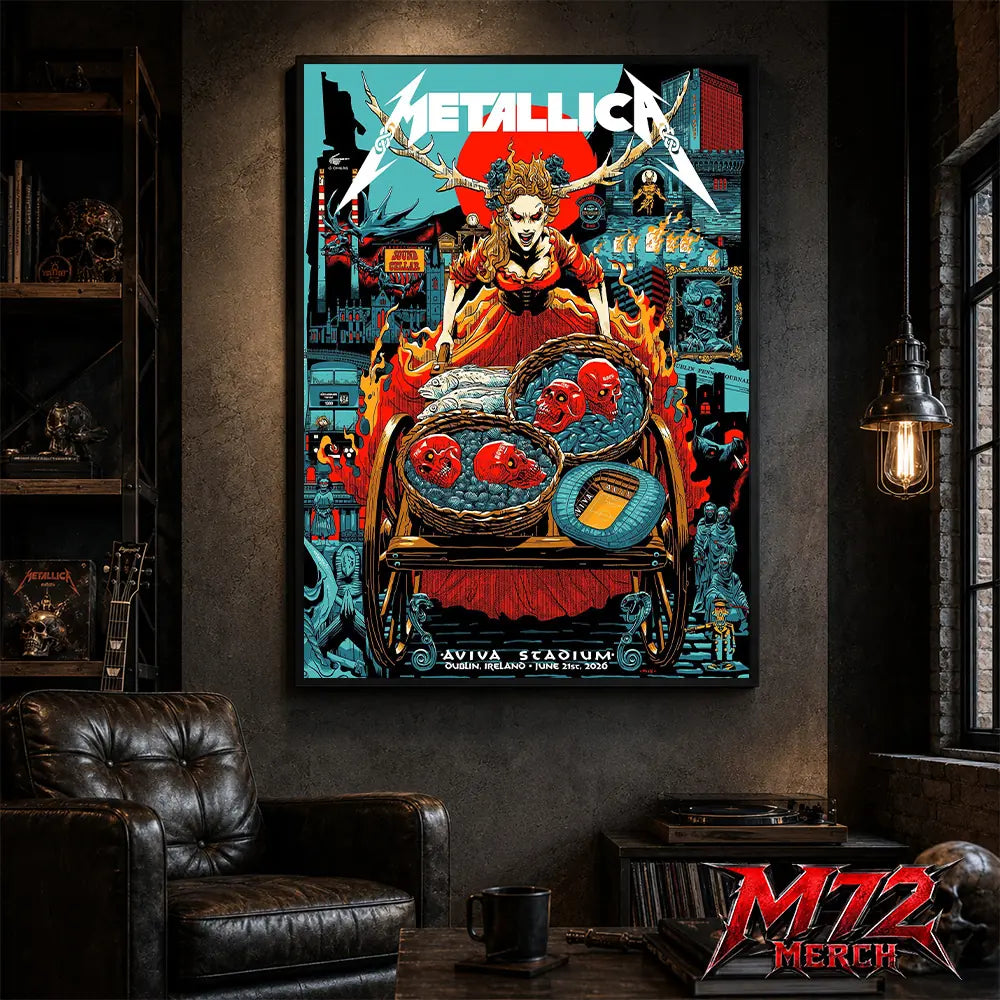 Metallica M72 World Tour June 21 2026 Dublin Ireland Aviva Stadium poster canvas featuring Fire Queen Cart Artwork with fiery queen figure, skull baskets, blue stones, red sun, Dublin city details, gothic characters, and dark fantasy heavy metal artwork