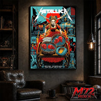 Metallica M72 World Tour June 21 2026 Dublin Ireland Aviva Stadium poster canvas featuring Fire Queen Cart Artwork with fiery queen figure, skull baskets, blue stones, red sun, Dublin city details, gothic characters, and dark fantasy heavy metal artwork