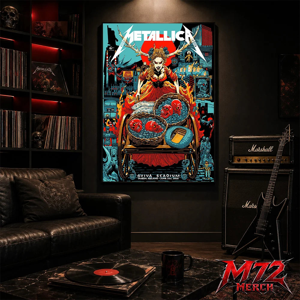 Metallica M72 World Tour June 21 2026 Dublin Ireland Aviva Stadium poster canvas featuring Fire Queen Cart Artwork with fiery queen figure, skull baskets, blue stones, red sun, Dublin city details, gothic characters, and dark fantasy heavy metal artwork