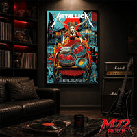 Metallica M72 World Tour June 21 2026 Dublin Ireland Aviva Stadium poster canvas featuring Fire Queen Cart Artwork with fiery queen figure, skull baskets, blue stones, red sun, Dublin city details, gothic characters, and dark fantasy heavy metal artwork