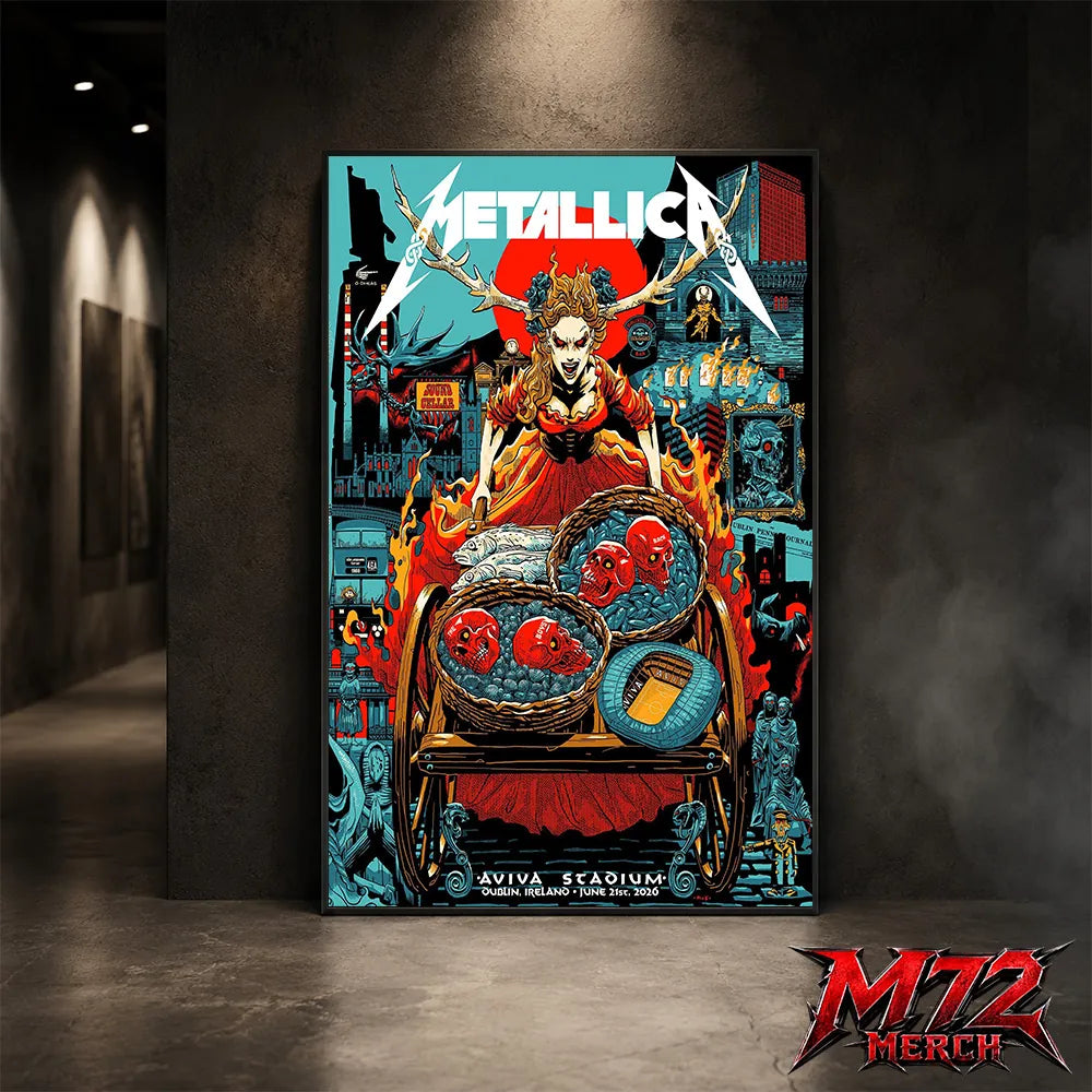Metallica M72 World Tour June 21 2026 Dublin Ireland Aviva Stadium poster canvas featuring Fire Queen Cart Artwork with fiery queen figure, skull baskets, blue stones, red sun, Dublin city details, gothic characters, and dark fantasy heavy metal artwork