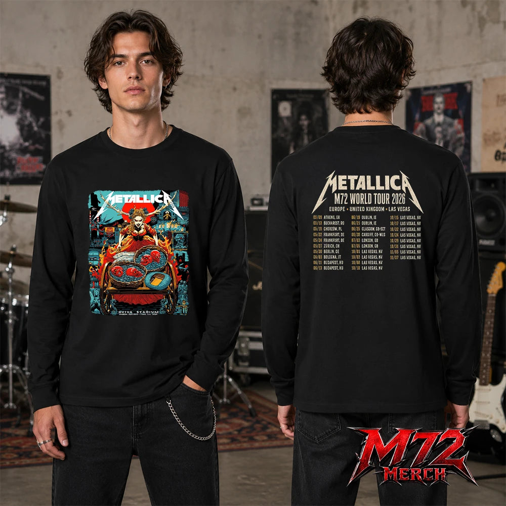 Metallica M72 World Tour June 21 2026 At Aviva Stadium Dublin Ireland Fire Queen Cart Artwork Two Sided Long sleeve