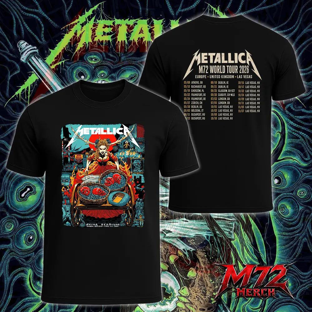 Metallica M72 World Tour June 21 2026 At Aviva Stadium Dublin Ireland Fire Queen Cart Artwork Two Sided T-Shirt