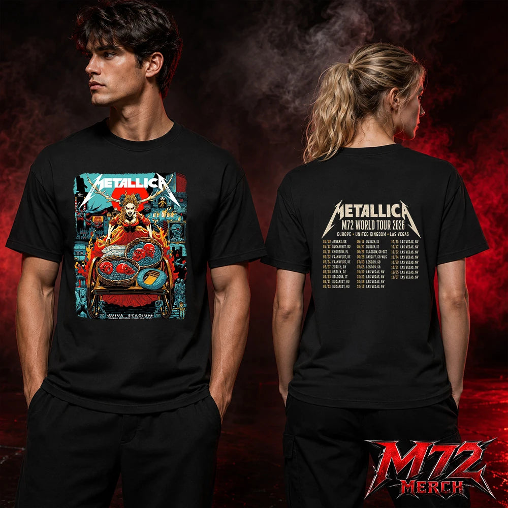 Metallica M72 World Tour June 21 2026 At Aviva Stadium Dublin Ireland Fire Queen Cart Artwork Two Sided T-Shirt