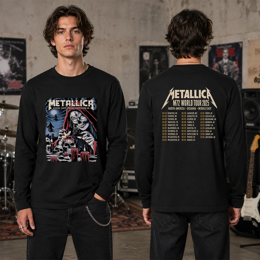 Metallica M72 World Tour June 22 2025 Levi's Stadium Santa Clara California United States 2 side T-shirt by Brandon Heart featuring a skull-faced priestess in a red hood, melting red candles, skulls, ghostly cloaked figures, full moon and M72 tour back print.