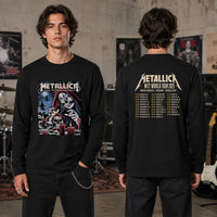 Metallica M72 World Tour June 22 2025 Levi's Stadium Santa Clara California United States 2 side T-shirt by Brandon Heart featuring a skull-faced priestess in a red hood, melting red candles, skulls, ghostly cloaked figures, full moon and M72 tour back print.