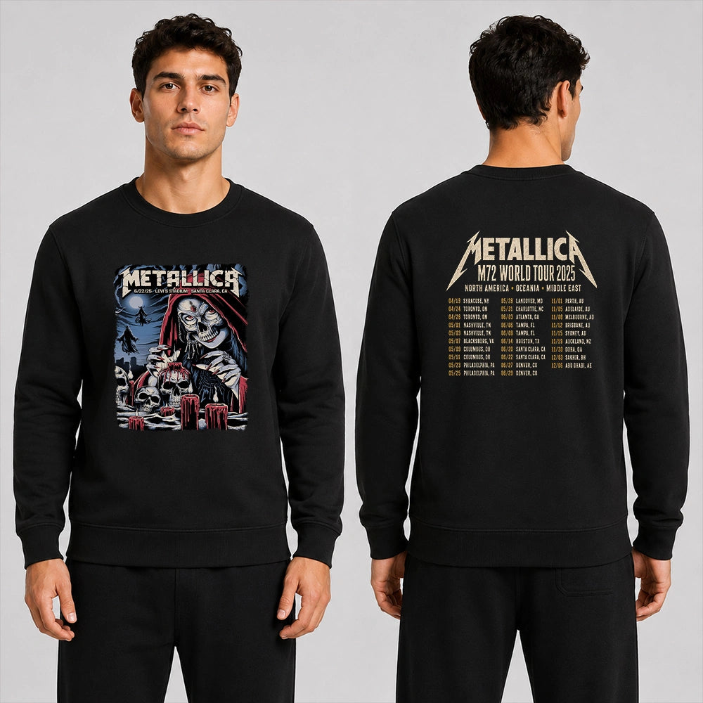Metallica M72 World Tour June 22 2025 Levi's Stadium Santa Clara California United States 2 side T-shirt by Brandon Heart featuring a skull-faced priestess in a red hood, melting red candles, skulls, ghostly cloaked figures, full moon and M72 tour back print.