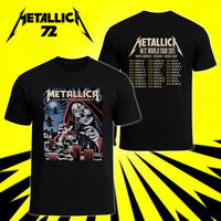 Metallica M72 World Tour June 22 2025 Levi's Stadium Santa Clara California United States 2 side T-shirt by Brandon Heart featuring a skull-faced priestess in a red hood, melting red candles, skulls, ghostly cloaked figures, full moon and M72 tour back print.