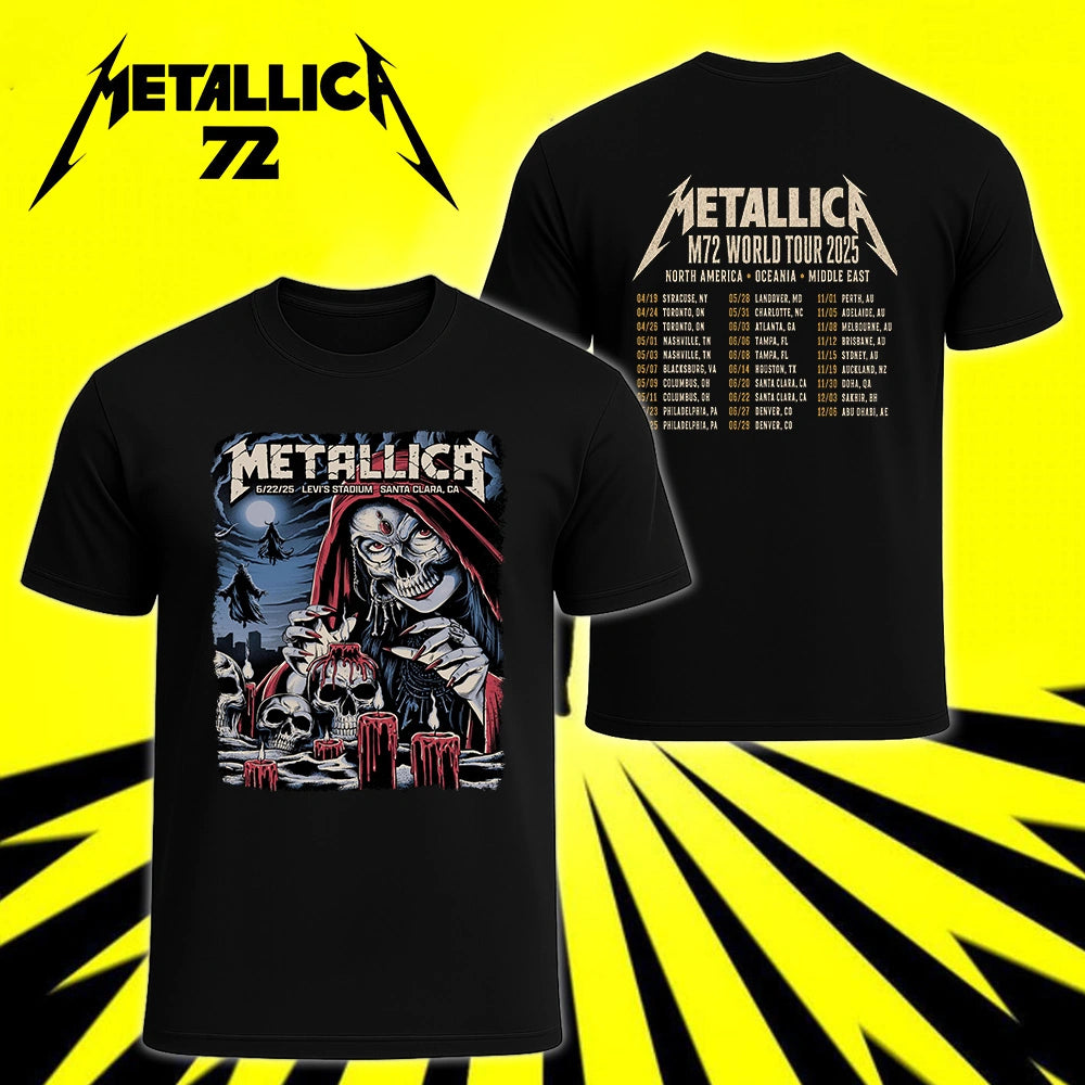 Metallica M72 World Tour June 22 2025 Levi's Stadium Santa Clara California United States 2 side T-shirt by Brandon Heart featuring a skull-faced priestess in a red hood, melting red candles, skulls, ghostly cloaked figures, full moon and M72 tour back print.