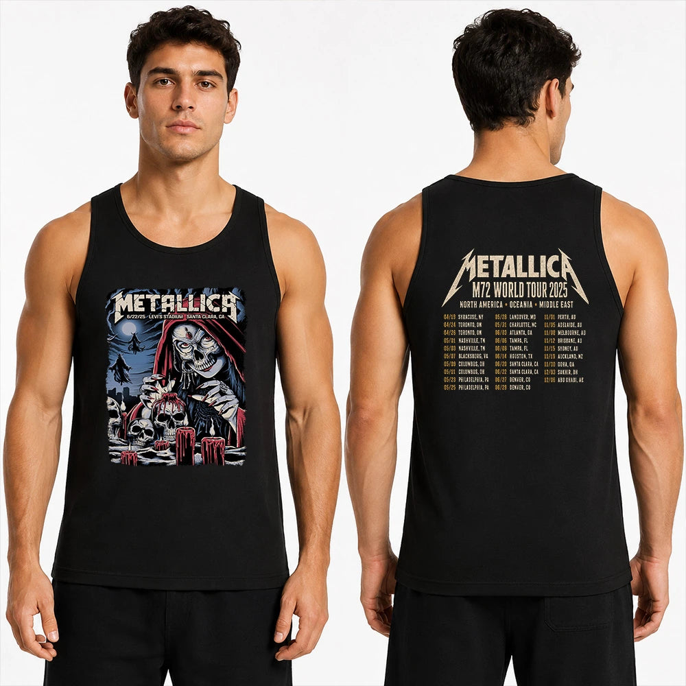 Metallica M72 World Tour June 22 2025 Levi's Stadium Santa Clara California United States 2 side T-shirt by Brandon Heart featuring a skull-faced priestess in a red hood, melting red candles, skulls, ghostly cloaked figures, full moon and M72 tour back print.