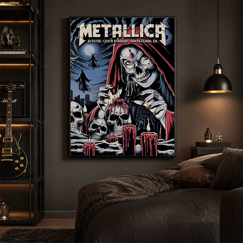 Metallica M72 World Tour June 22 2025 Levi's Stadium Santa Clara California United States poster canvas by Brandon Heart featuring a skull-faced priestess in a red hood, melting candles, skulls, ghostly cloaked figures, full moon and Santa Clara event text.