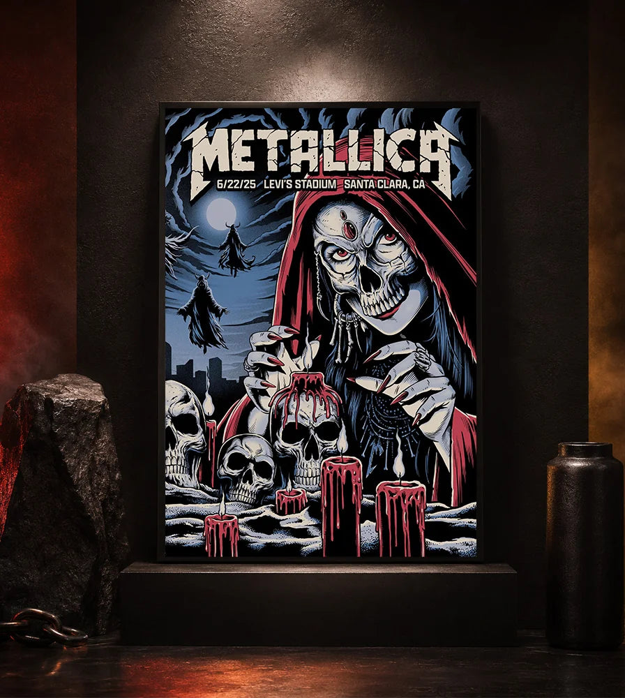 Metallica M72 World Tour June 22 2025 Levi's Stadium Santa Clara California United States poster canvas by Brandon Heart featuring a skull-faced priestess in a red hood, melting candles, skulls, ghostly cloaked figures, full moon and Santa Clara event text.