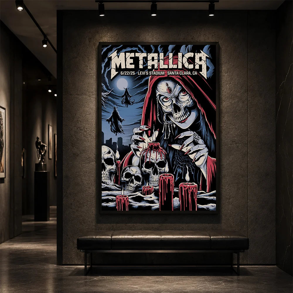 Metallica M72 World Tour June 22 2025 Levi's Stadium Santa Clara California United States poster canvas by Brandon Heart featuring a skull-faced priestess in a red hood, melting candles, skulls, ghostly cloaked figures, full moon and Santa Clara event text.