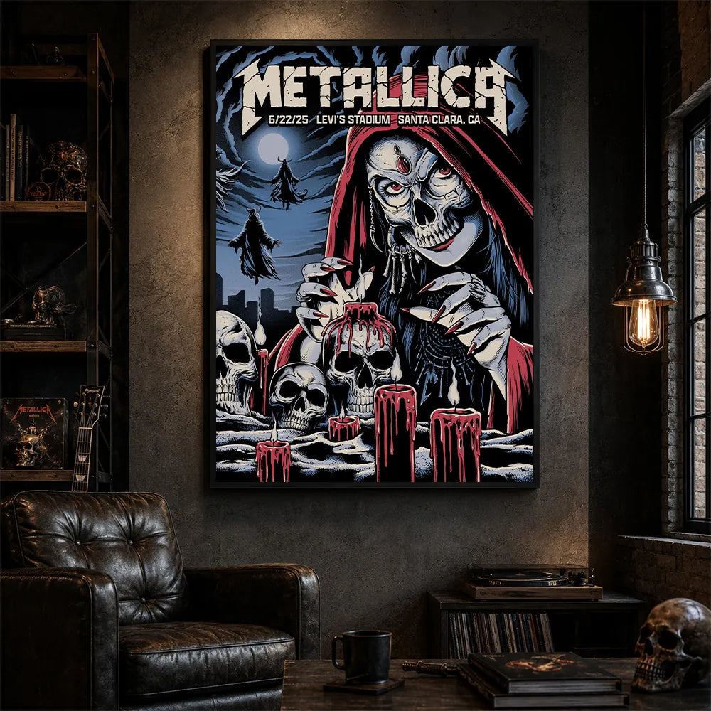 Metallica M72 World Tour June 22 2025 Levi's Stadium Santa Clara California United States poster canvas by Brandon Heart featuring a skull-faced priestess in a red hood, melting candles, skulls, ghostly cloaked figures, full moon and Santa Clara event text.