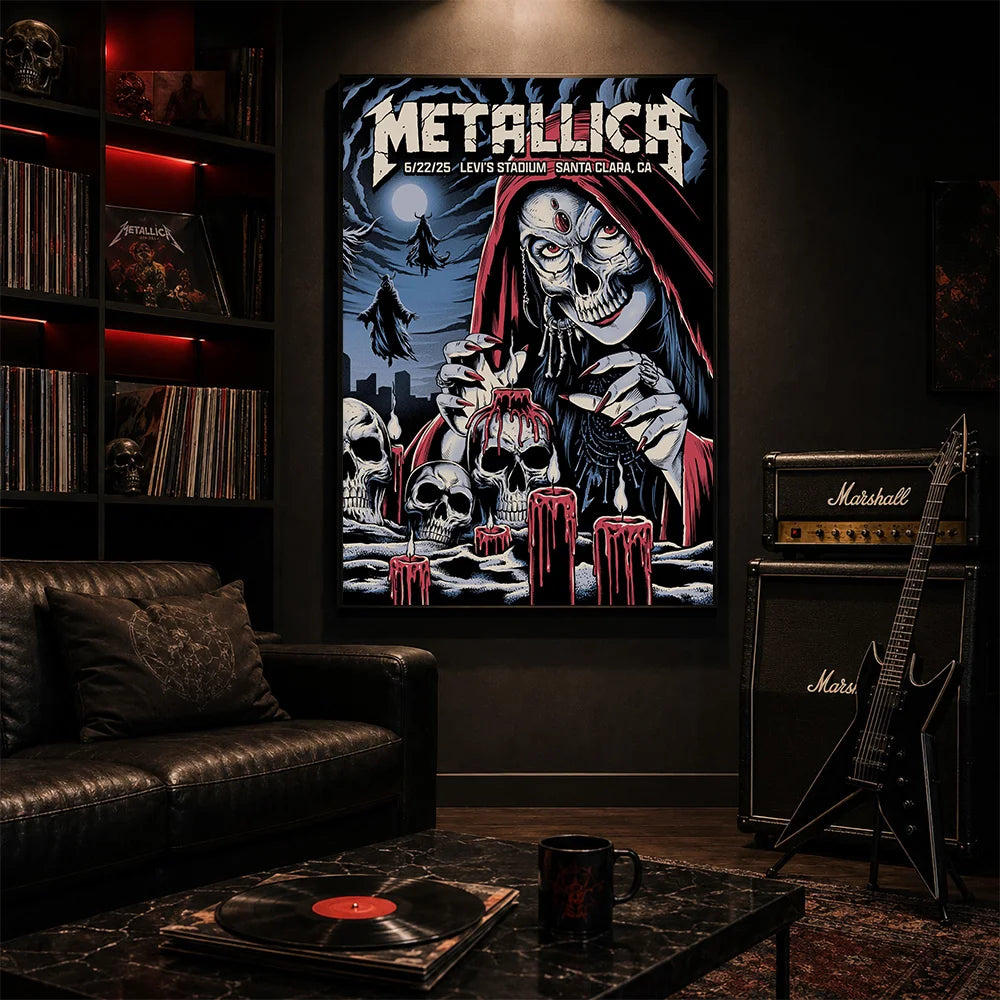 Metallica M72 World Tour June 22 2025 Levi's Stadium Santa Clara California United States poster canvas by Brandon Heart featuring a skull-faced priestess in a red hood, melting candles, skulls, ghostly cloaked figures, full moon and Santa Clara event text.