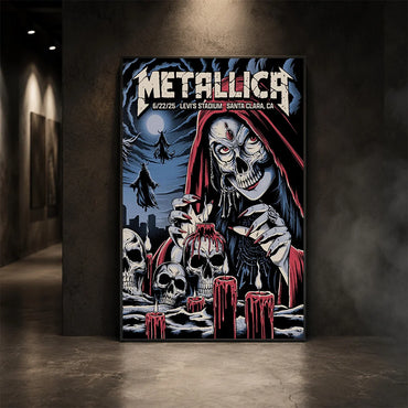 Metallica M72 World Tour June 22 2025 Levi's Stadium Santa Clara California United States poster canvas by Brandon Heart featuring a skull-faced priestess in a red hood, melting candles, skulls, ghostly cloaked figures, full moon and Santa Clara event text.