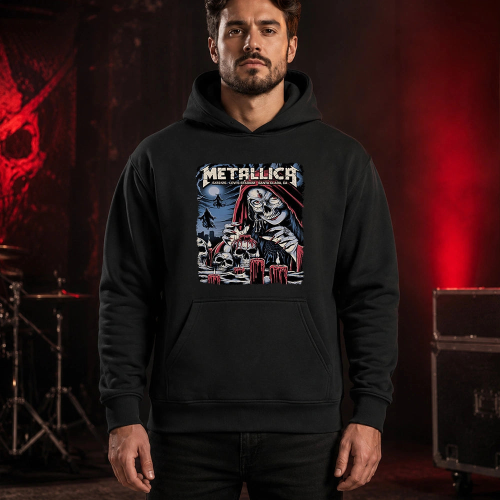 Metallica M72 World Tour June 22 2025 Levi's Stadium Santa Clara California United States T-shirt by Brandon Heart featuring a skull-faced priestess in a red hood, melting red candles, skulls, ghostly cloaked figures, full moon and Santa Clara event text.