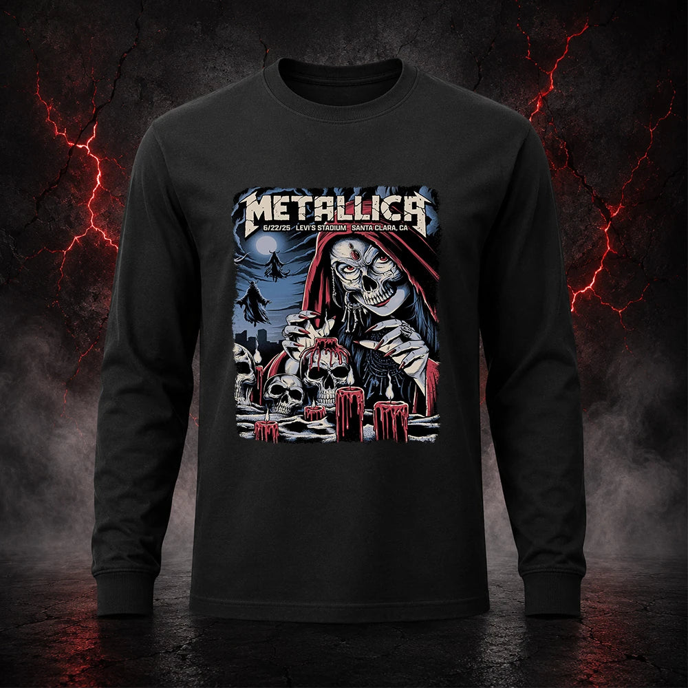 Metallica M72 World Tour June 22 2025 Levi's Stadium Santa Clara California United States T-shirt by Brandon Heart featuring a skull-faced priestess in a red hood, melting red candles, skulls, ghostly cloaked figures, full moon and Santa Clara event text.