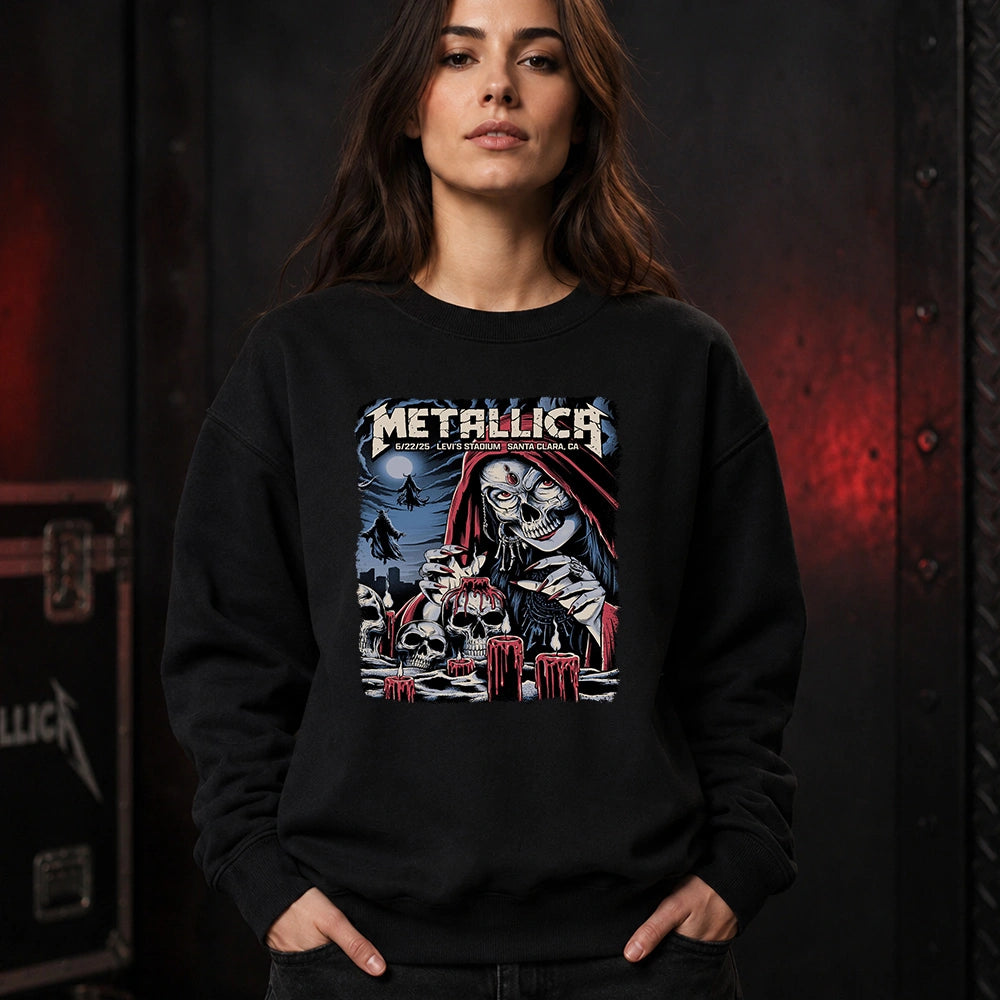 Metallica M72 World Tour June 22 2025 Levi's Stadium Santa Clara California United States T-shirt by Brandon Heart featuring a skull-faced priestess in a red hood, melting red candles, skulls, ghostly cloaked figures, full moon and Santa Clara event text.