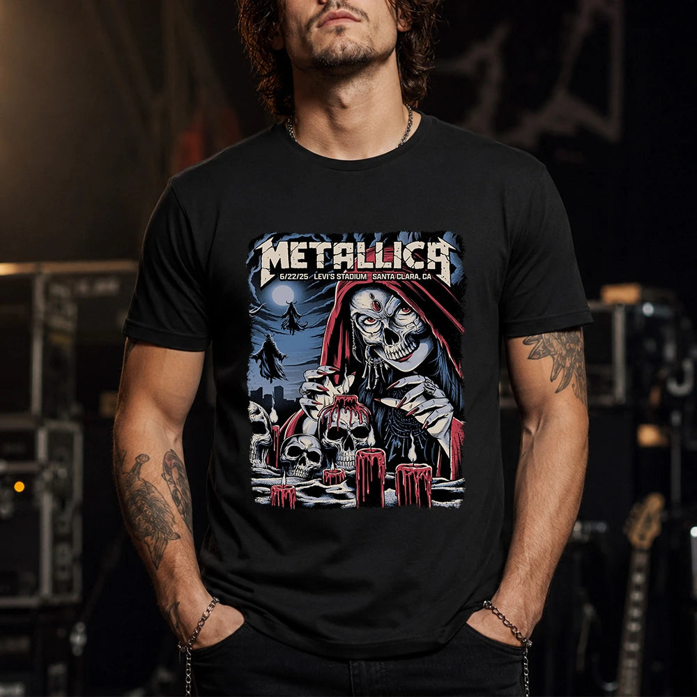 Metallica M72 World Tour June 22 2025 Levi's Stadium Santa Clara California United States T-shirt by Brandon Heart featuring a skull-faced priestess in a red hood, melting red candles, skulls, ghostly cloaked figures, full moon and Santa Clara event text.