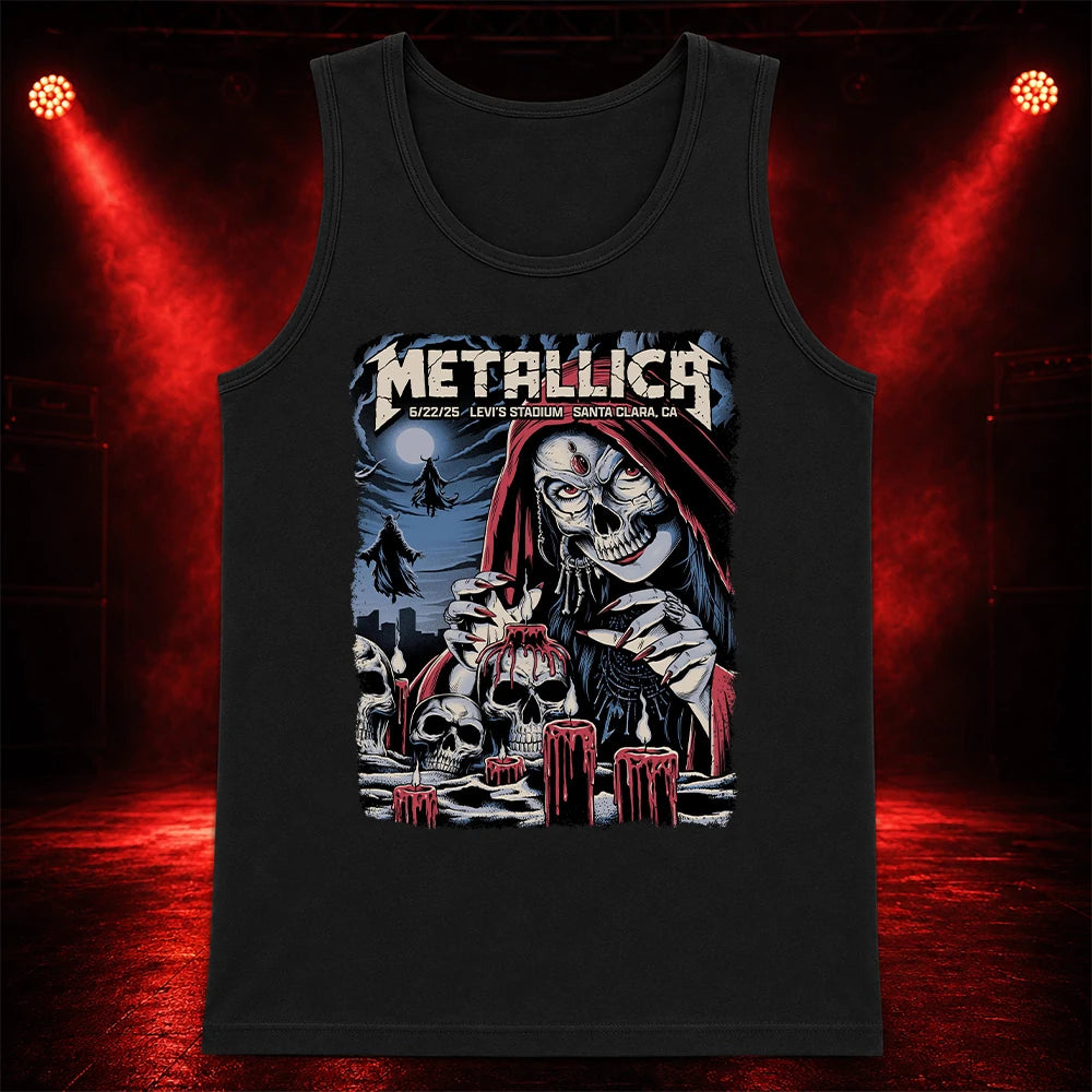 Metallica M72 World Tour June 22 2025 Levi's Stadium Santa Clara California United States T-shirt by Brandon Heart featuring a skull-faced priestess in a red hood, melting red candles, skulls, ghostly cloaked figures, full moon and Santa Clara event text.