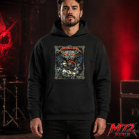 Metallica M72 World Tour June 25 2026 Glasgow Scotland Hampden Park Hoodie featuring Scottish Wildcat Skull Artwork by WolfSkullJack with fierce wildcat, glowing red eyes, sharp fangs, skulls, blue flowers, ornate gothic border, Scotland flag detail, and dark heavy metal artwork