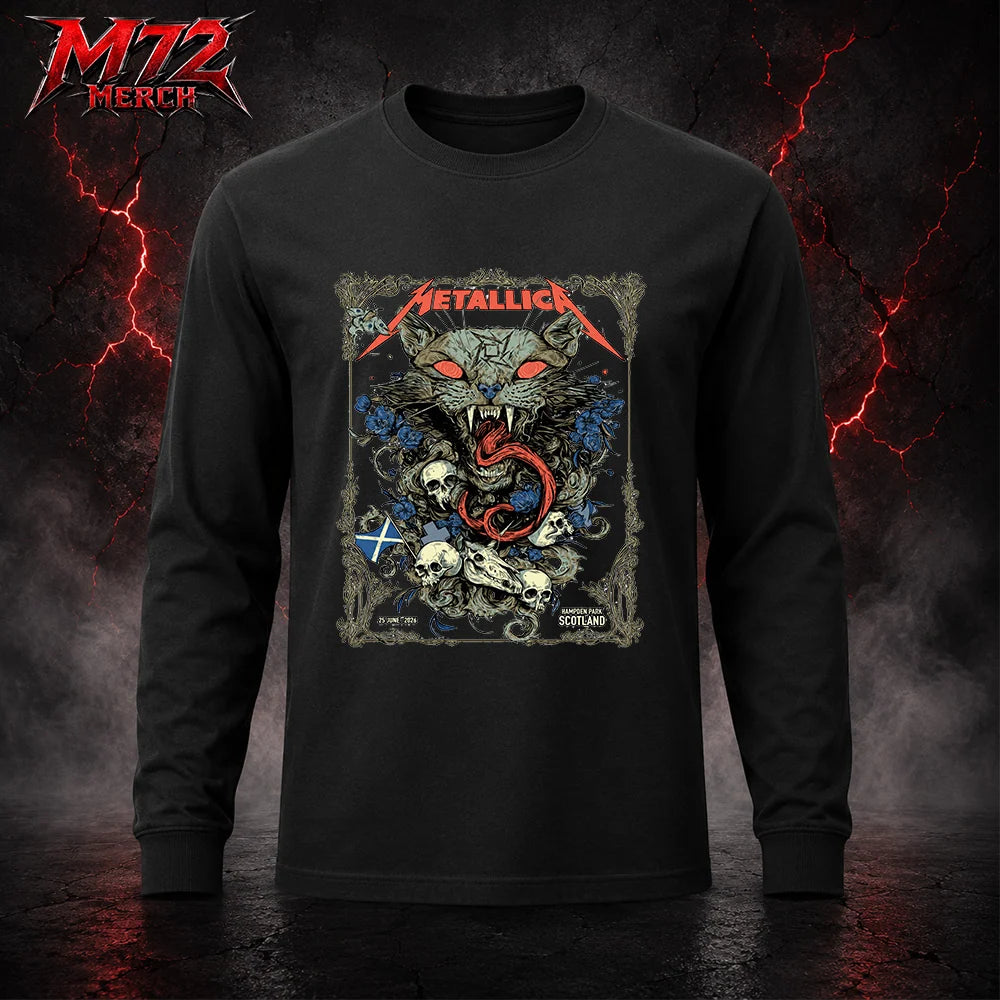 Metallica M72 World Tour June 25 2026 Glasgow Scotland Hampden Park Long Sleeve featuring Scottish Wildcat Skull Artwork by WolfSkullJack with fierce wildcat, glowing red eyes, sharp fangs, skulls, blue flowers, ornate gothic border, Scotland flag detail, and dark heavy metal artwork