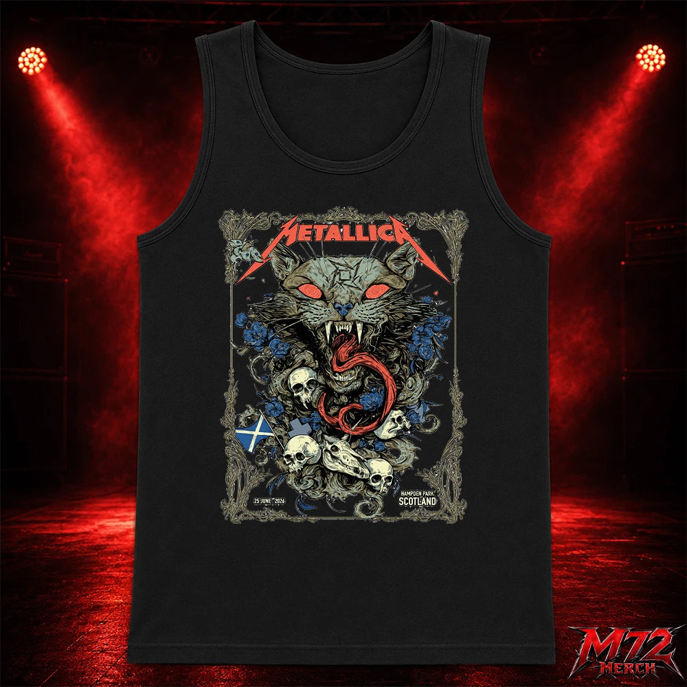 Metallica M72 World Tour June 25 2026 Glasgow Scotland Hampden Park Tank top featuring Scottish Wildcat Skull Artwork by WolfSkullJack with fierce wildcat, glowing red eyes, sharp fangs, skulls, blue flowers, ornate gothic border, Scotland flag detail, and dark heavy metal artwork