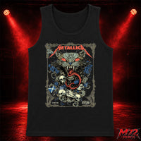 Metallica M72 World Tour June 25 2026 Glasgow Scotland Hampden Park Tank top featuring Scottish Wildcat Skull Artwork by WolfSkullJack with fierce wildcat, glowing red eyes, sharp fangs, skulls, blue flowers, ornate gothic border, Scotland flag detail, and dark heavy metal artwork