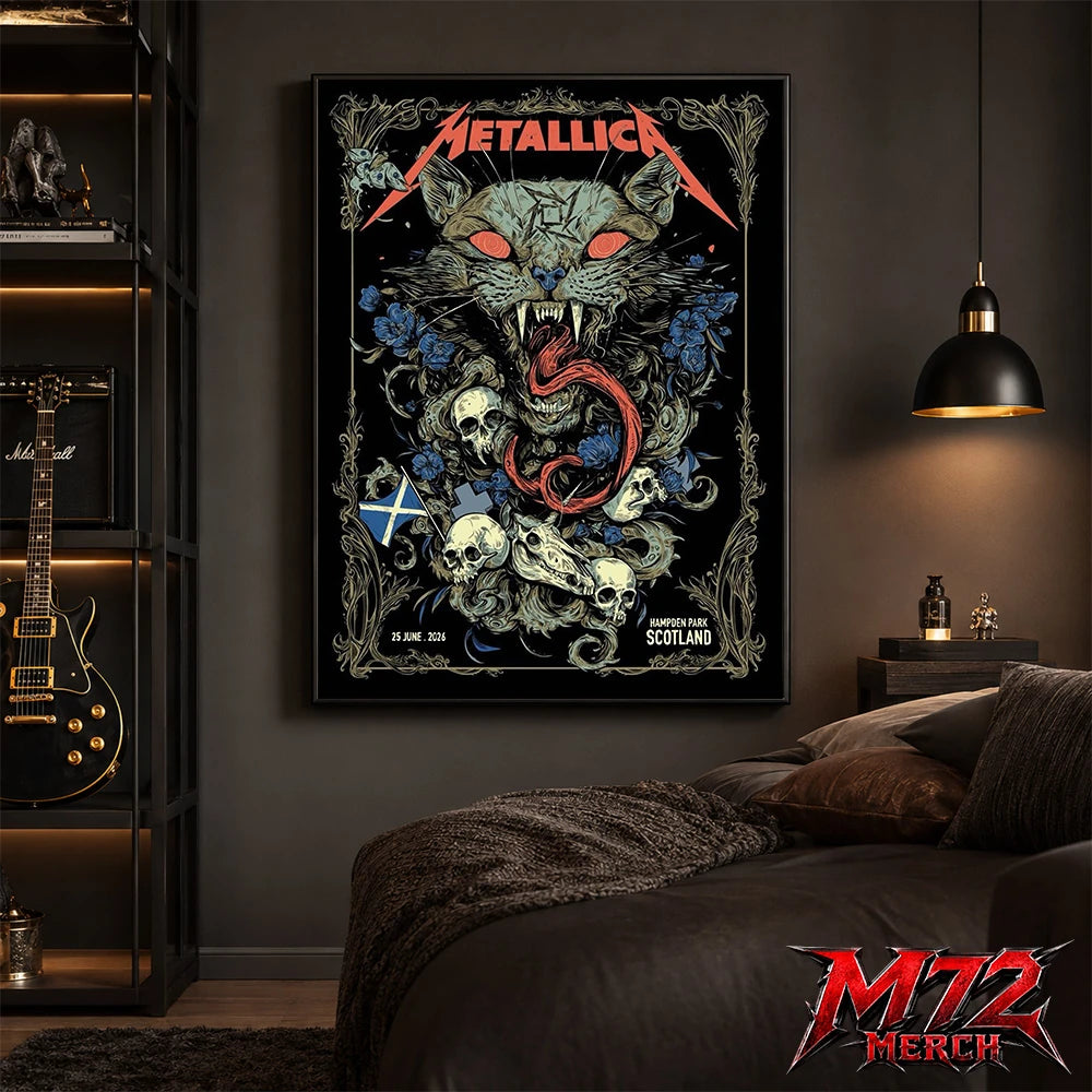 Metallica M72 World Tour June 25 2026 Glasgow Scotland Hampden Park poster canvas featuring Scottish Wildcat Skull Artwork by WolfSkullJack with fierce wildcat, glowing red eyes, sharp fangs, skulls, blue flowers, ornate gothic border, Scotland flag detail, and dark heavy metal artwork