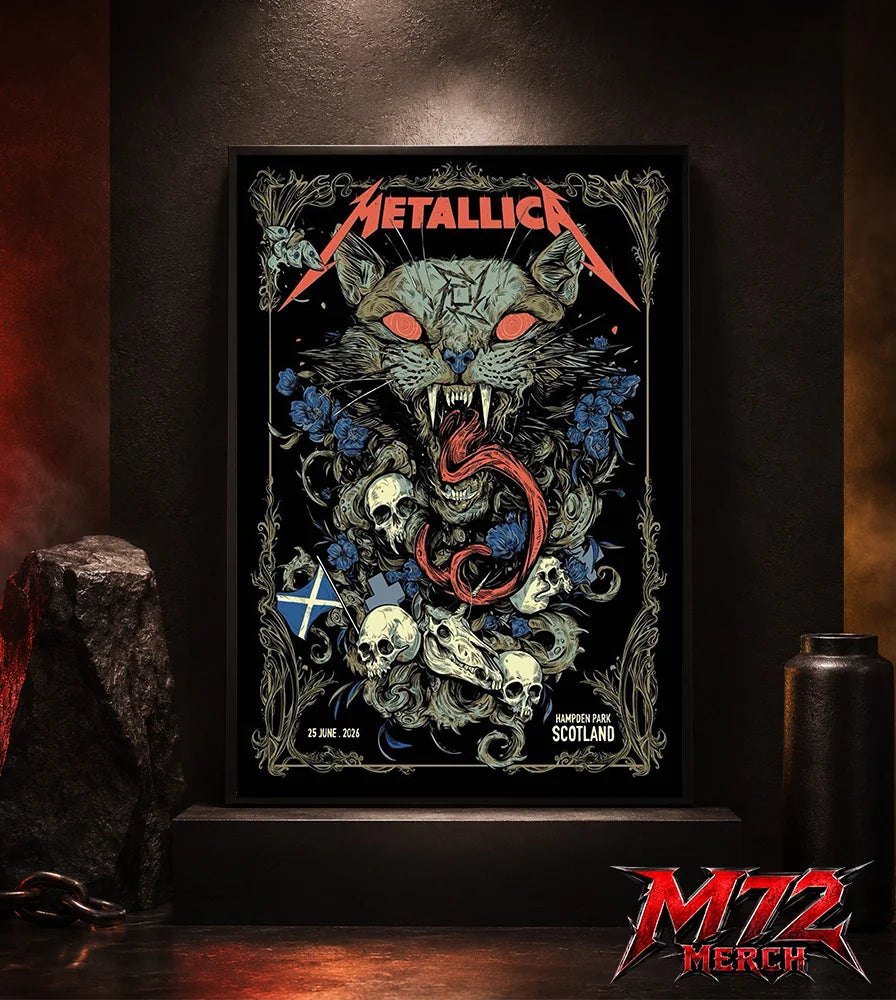 Metallica M72 World Tour June 25 2026 Glasgow Scotland Hampden Park poster canvas featuring Scottish Wildcat Skull Artwork by WolfSkullJack with fierce wildcat, glowing red eyes, sharp fangs, skulls, blue flowers, ornate gothic border, Scotland flag detail, and dark heavy metal artwork