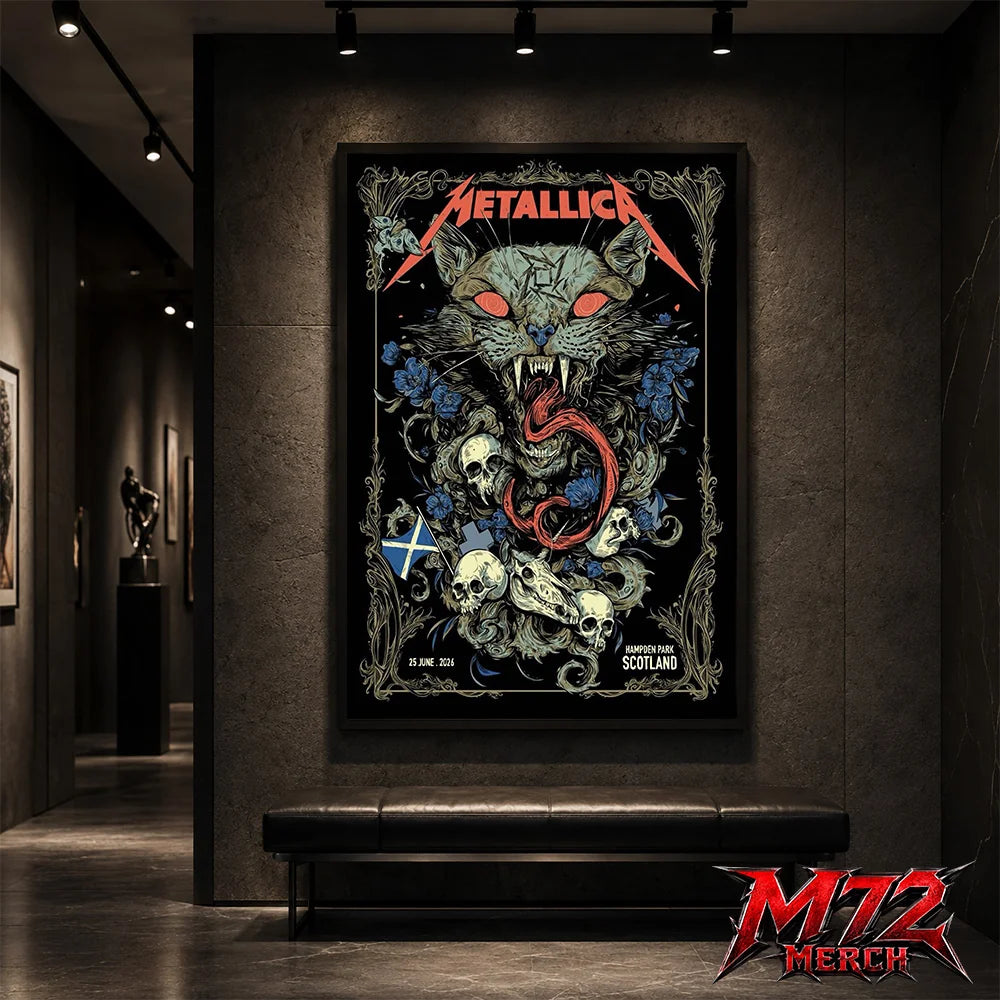 Metallica M72 World Tour June 25 2026 Glasgow Scotland Hampden Park poster canvas featuring Scottish Wildcat Skull Artwork by WolfSkullJack with fierce wildcat, glowing red eyes, sharp fangs, skulls, blue flowers, ornate gothic border, Scotland flag detail, and dark heavy metal artwork