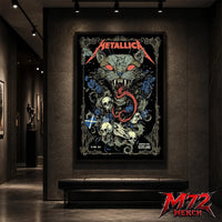 Metallica M72 World Tour June 25 2026 Glasgow Scotland Hampden Park poster canvas featuring Scottish Wildcat Skull Artwork by WolfSkullJack with fierce wildcat, glowing red eyes, sharp fangs, skulls, blue flowers, ornate gothic border, Scotland flag detail, and dark heavy metal artwork