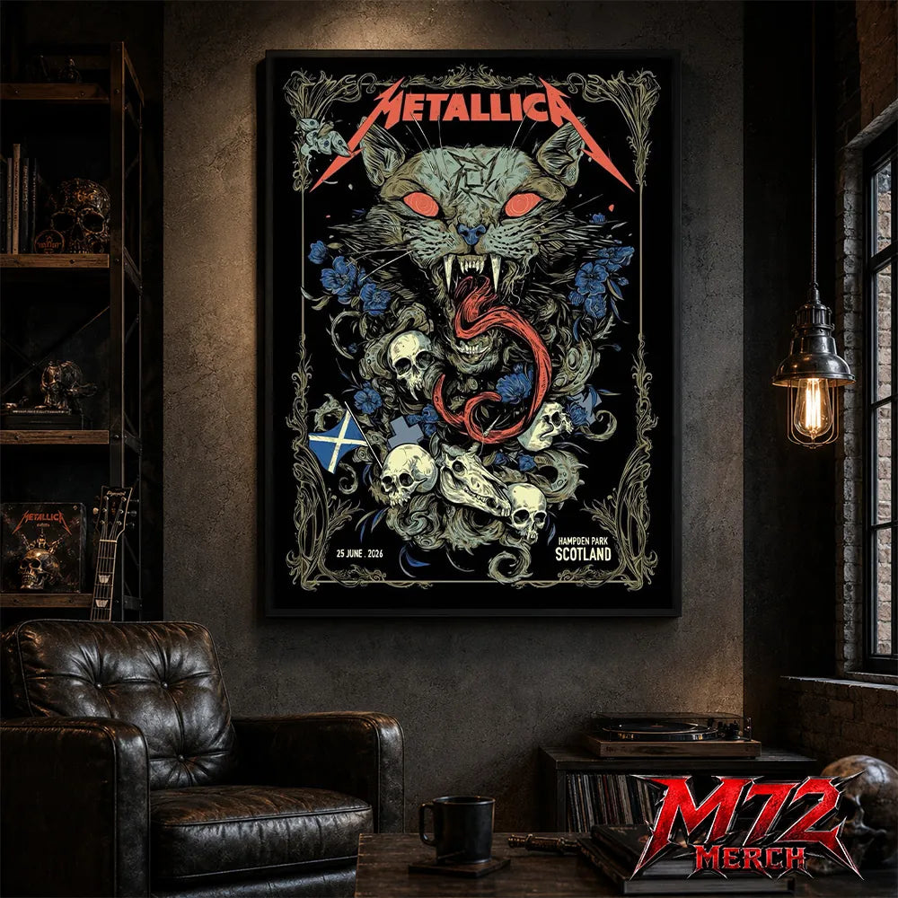 Metallica M72 World Tour June 25 2026 Glasgow Scotland Hampden Park poster canvas featuring Scottish Wildcat Skull Artwork by WolfSkullJack with fierce wildcat, glowing red eyes, sharp fangs, skulls, blue flowers, ornate gothic border, Scotland flag detail, and dark heavy metal artwork