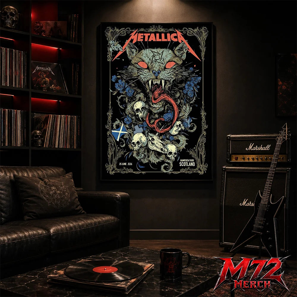 Metallica M72 World Tour June 25 2026 Glasgow Scotland Hampden Park poster canvas featuring Scottish Wildcat Skull Artwork by WolfSkullJack with fierce wildcat, glowing red eyes, sharp fangs, skulls, blue flowers, ornate gothic border, Scotland flag detail, and dark heavy metal artwork