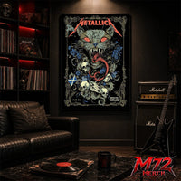 Metallica M72 World Tour June 25 2026 Glasgow Scotland Hampden Park poster canvas featuring Scottish Wildcat Skull Artwork by WolfSkullJack with fierce wildcat, glowing red eyes, sharp fangs, skulls, blue flowers, ornate gothic border, Scotland flag detail, and dark heavy metal artwork