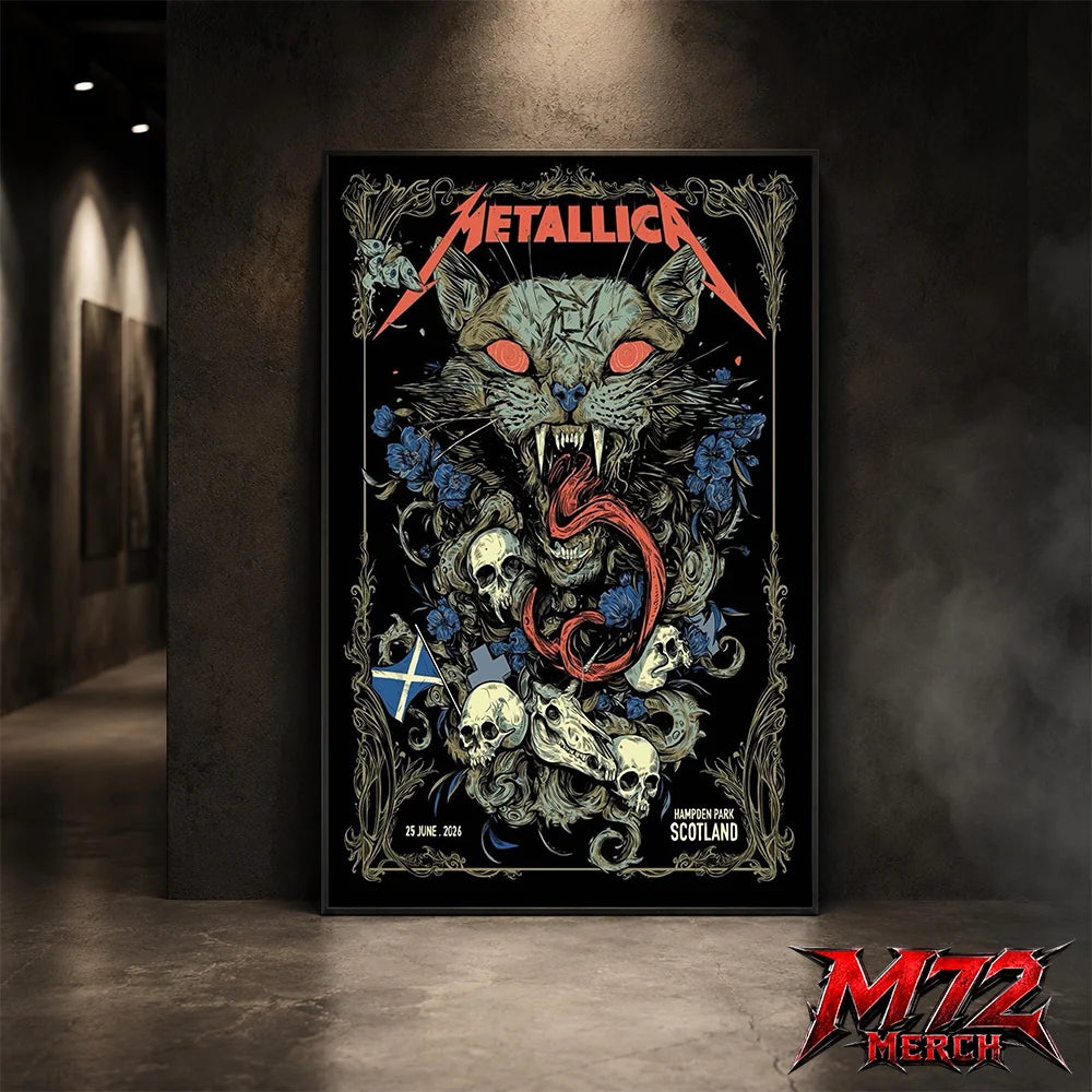 Metallica M72 World Tour June 25 2026 Glasgow Scotland Hampden Park poster canvas featuring Scottish Wildcat Skull Artwork by WolfSkullJack with fierce wildcat, glowing red eyes, sharp fangs, skulls, blue flowers, ornate gothic border, Scotland flag detail, and dark heavy metal artwork