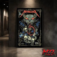 Metallica M72 World Tour June 25 2026 Glasgow Scotland Hampden Park poster canvas featuring Scottish Wildcat Skull Artwork by WolfSkullJack with fierce wildcat, glowing red eyes, sharp fangs, skulls, blue flowers, ornate gothic border, Scotland flag detail, and dark heavy metal artwork