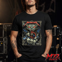 Metallica M72 World Tour June 25 2026 Glasgow Scotland Hampden Park T-Shirt featuring Scottish Wildcat Skull Artwork by WolfSkullJack with fierce wildcat, glowing red eyes, sharp fangs, skulls, blue flowers, ornate gothic border, Scotland flag detail, and dark heavy metal artwork