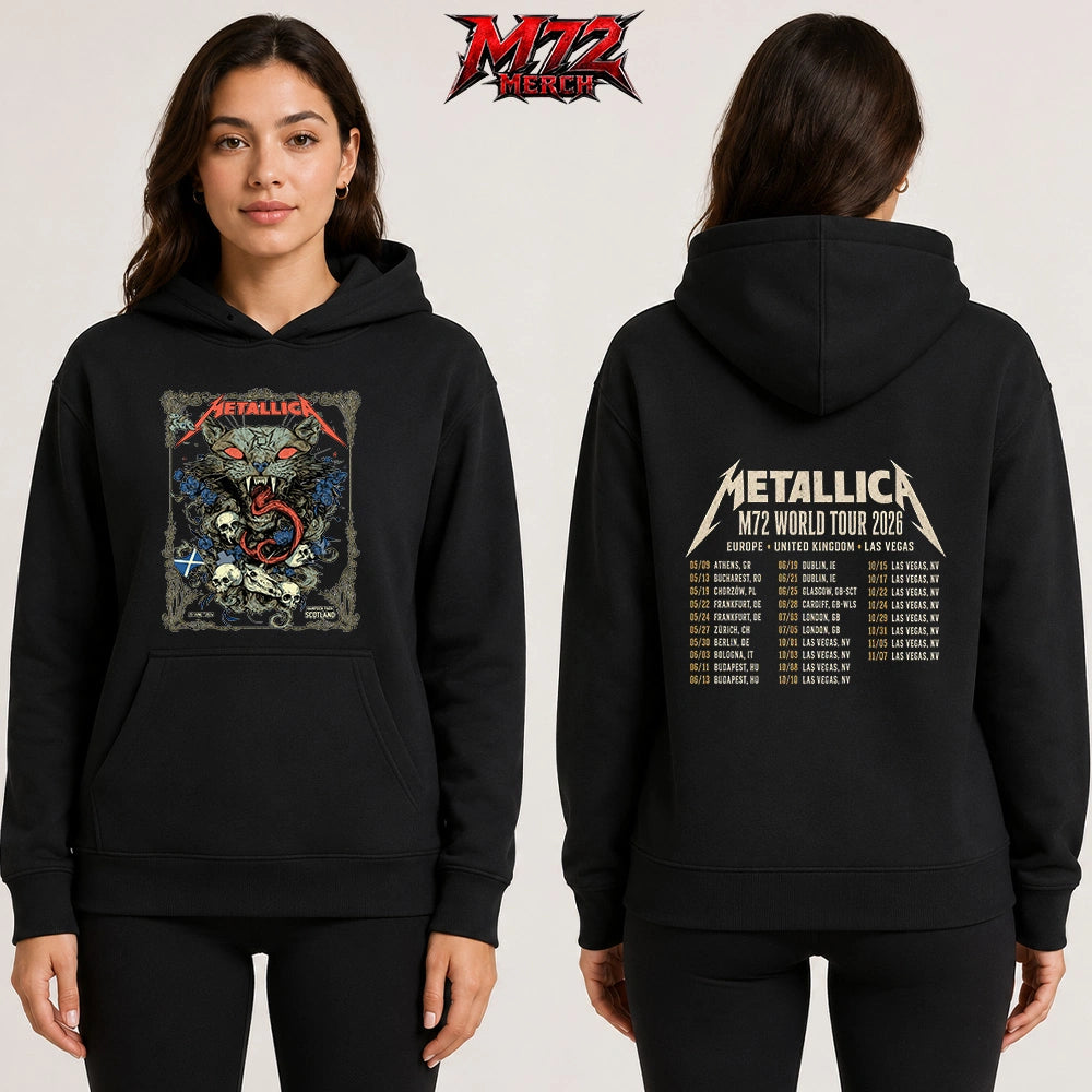 Metallica M72 World Tour June 25 2026 Glasgow Scotland Hampden Park two sided Hoodie featuring Scottish Wildcat Skull Artwork by WolfSkullJack with fierce wildcat, glowing red eyes, sharp fangs, skulls, blue flowers, ornate gothic border, Scotland flag detail, and dark heavy metal artwork