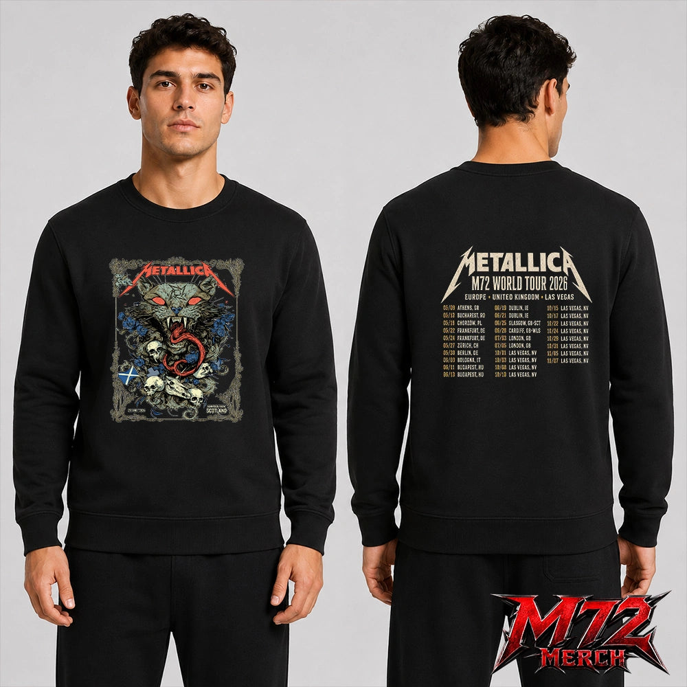 Metallica M72 World Tour June 25 2026 Glasgow Scotland Hampden Park two sided Sweatshirt featuring Scottish Wildcat Skull Artwork by WolfSkullJack with fierce wildcat, glowing red eyes, sharp fangs, skulls, blue flowers, ornate gothic border, Scotland flag detail, and dark heavy metal artwork