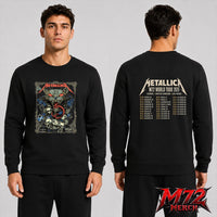 Metallica M72 World Tour June 25 2026 Glasgow Scotland Hampden Park two sided Sweatshirt featuring Scottish Wildcat Skull Artwork by WolfSkullJack with fierce wildcat, glowing red eyes, sharp fangs, skulls, blue flowers, ornate gothic border, Scotland flag detail, and dark heavy metal artwork