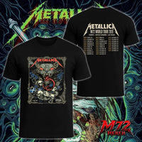 Metallica M72 World Tour June 25 2026 Glasgow Scotland Hampden Park two sided T-Shirt featuring Scottish Wildcat Skull Artwork by WolfSkullJack with fierce wildcat, glowing red eyes, sharp fangs, skulls, blue flowers, ornate gothic border, Scotland flag detail, and dark heavy metal artwork