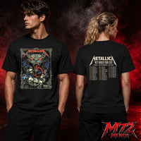 Metallica M72 World Tour June 25 2026 Glasgow Scotland Hampden Park two sided T-Shirt featuring Scottish Wildcat Skull Artwork by WolfSkullJack with fierce wildcat, glowing red eyes, sharp fangs, skulls, blue flowers, ornate gothic border, Scotland flag detail, and dark heavy metal artwork