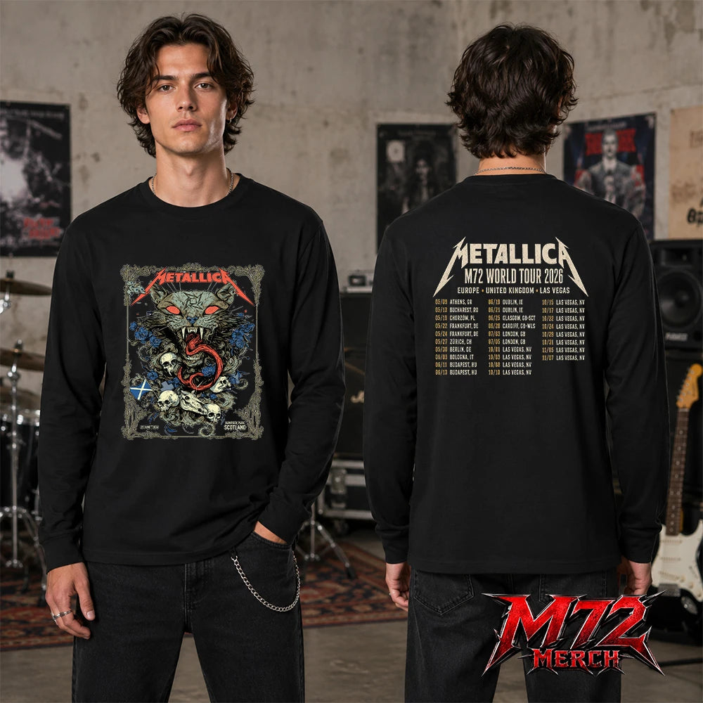 Metallica M72 World Tour June 25 2026 Glasgow Scotland Hampden Park two sided Long Sleeve featuring Scottish Wildcat Skull Artwork by WolfSkullJack with fierce wildcat, glowing red eyes, sharp fangs, skulls, blue flowers, ornate gothic border, Scotland flag detail, and dark heavy metal artwork