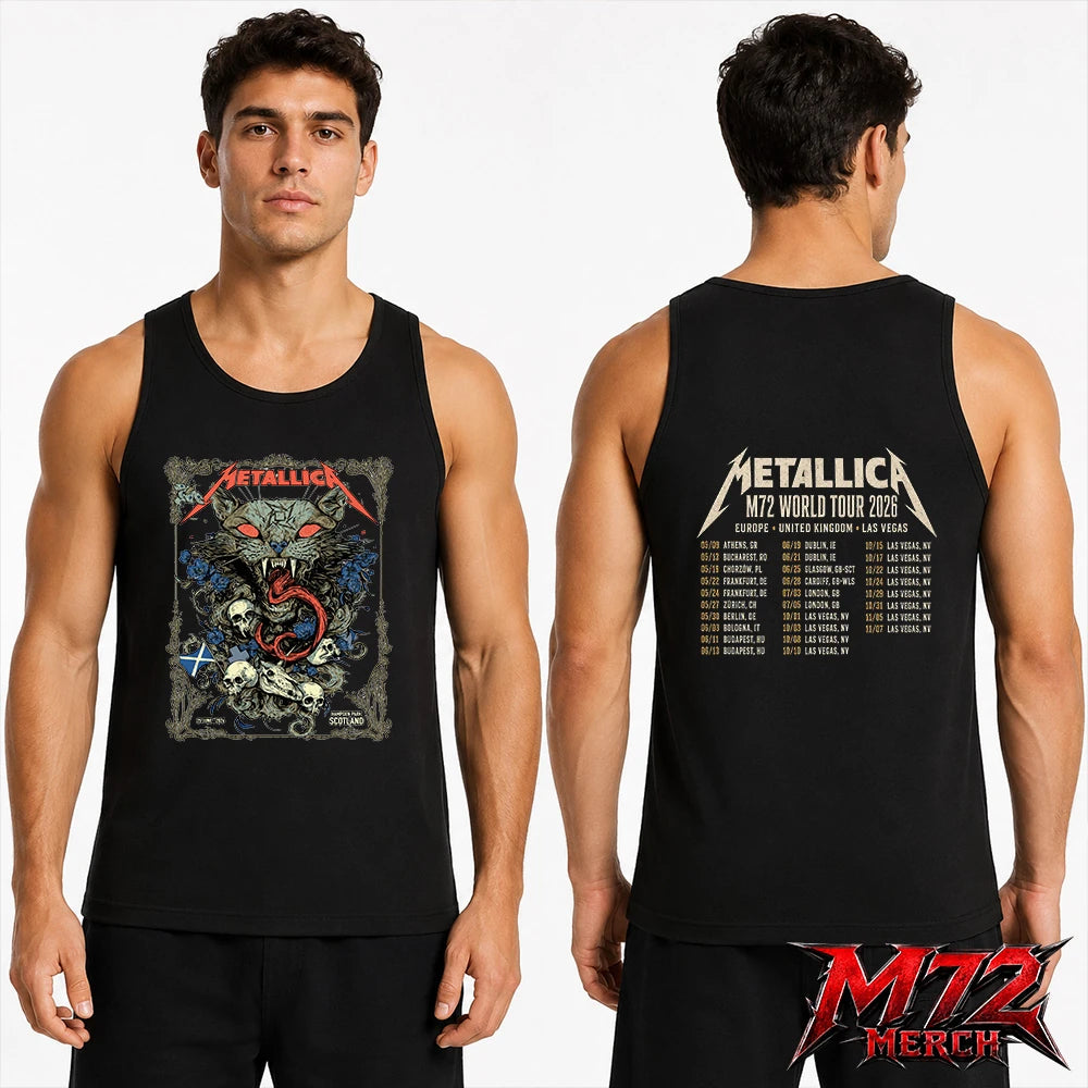 Metallica M72 World Tour June 25 2026 Glasgow Scotland Hampden Park two sided Tank top featuring Scottish Wildcat Skull Artwork by WolfSkullJack with fierce wildcat, glowing red eyes, sharp fangs, skulls, blue flowers, ornate gothic border, Scotland flag detail, and dark heavy metal artwork