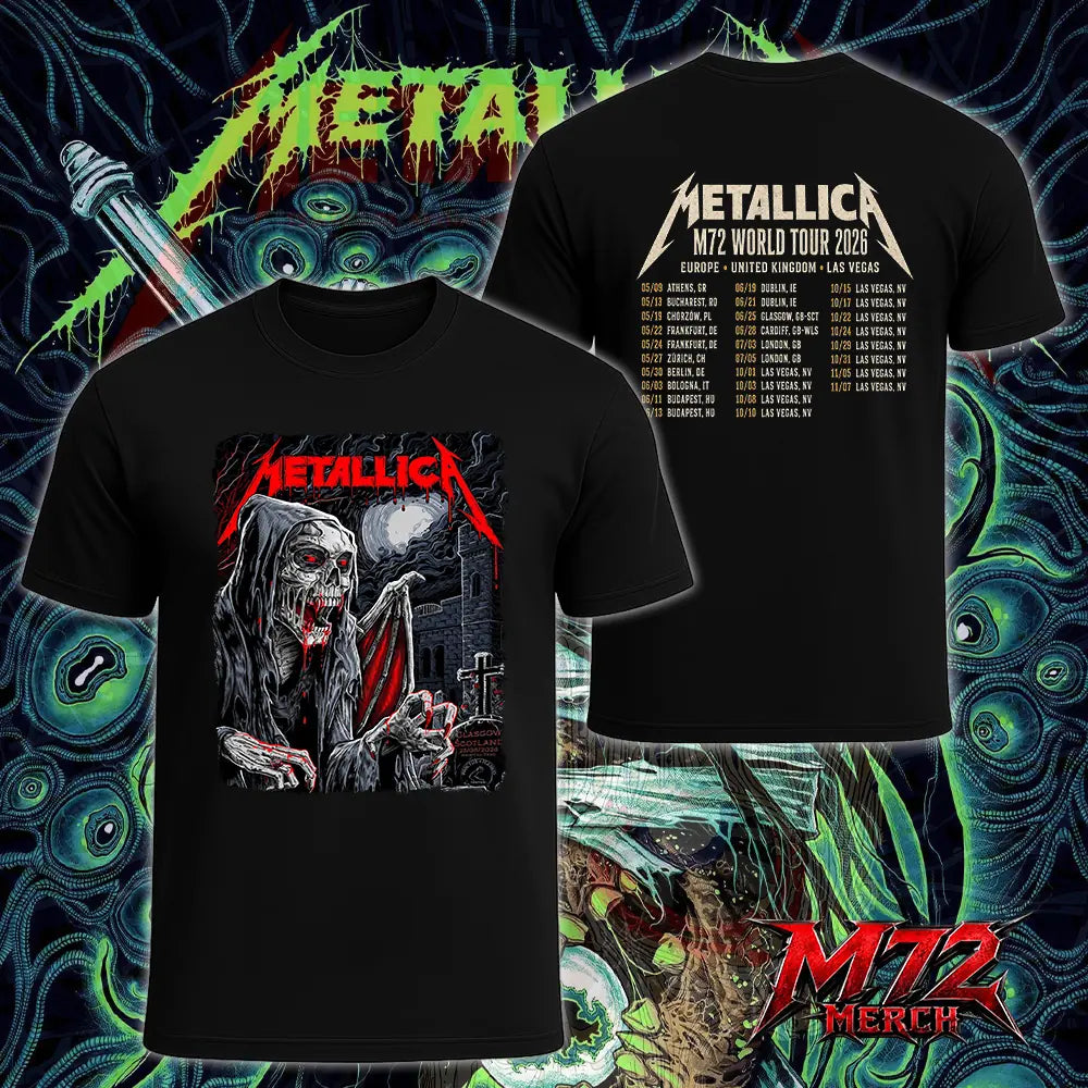 Metallica M72 World Tour June 25 2026 At Hampden Park Glasgow Scotland Vampire Reaper Artwork By Landon Armstrong Two Sided T-Shirt