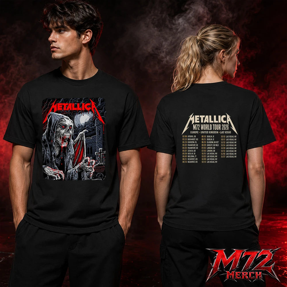 Metallica M72 World Tour June 25 2026 At Hampden Park Glasgow Scotland Vampire Reaper Artwork By Landon Armstrong Two Sided T-Shirt