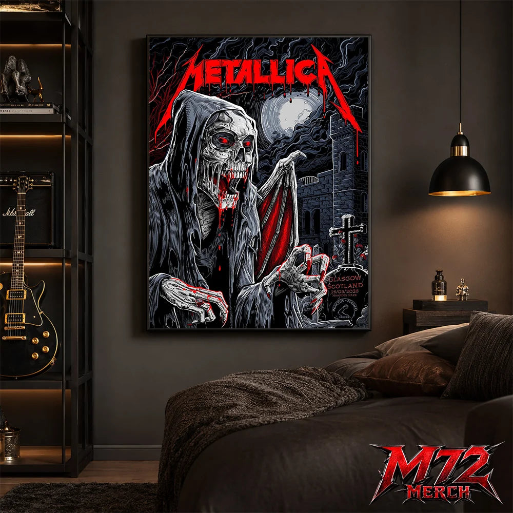 Metallica M72 World Tour June 25 2026 Glasgow Scotland Hampden Park poster canvas featuring Vampire Reaper Artwork by Landon Armstrong with hooded skeletal vampire, glowing red eyes, sharp fangs, bat wings, full moon, cemetery cross, stone towers, and dark gothic heavy metal artwork